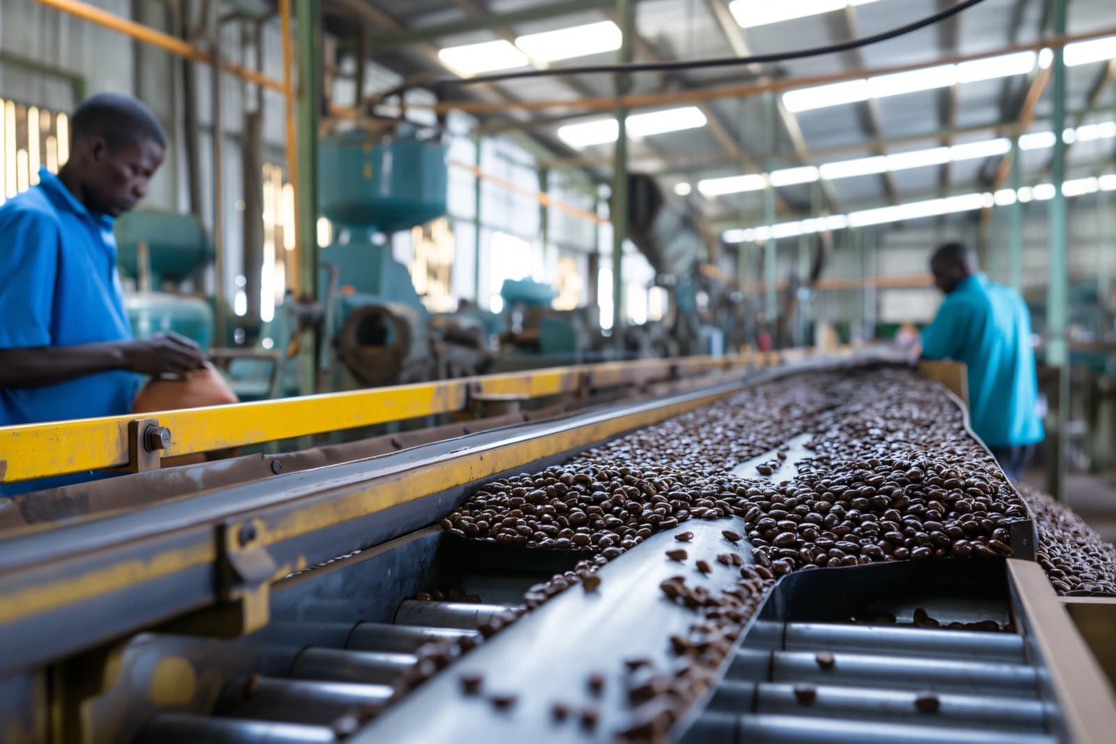 Coffee being screen-graded inside the dry mill
